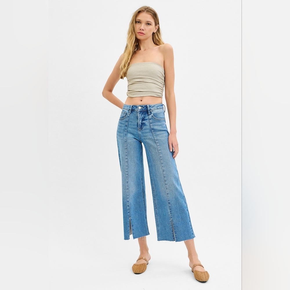RISEN Mid-Rise Tummy Control Pintuck Seam Wide Leg Pants Slit Hem Denim Jeans - Picture 9 of 16